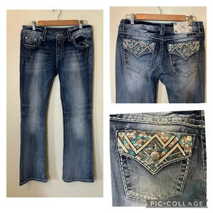 Miss Me Signature Bootcut Jeans Turquoise and Pink Embroidered Pockets with Rine